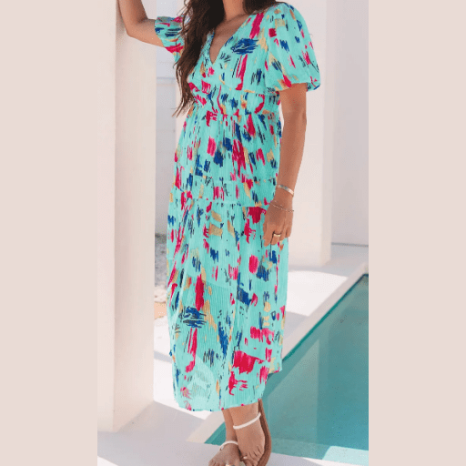 Courtnie Sky Blue Abstract Print Short Puff Sleeve Tiered Maxi Dress