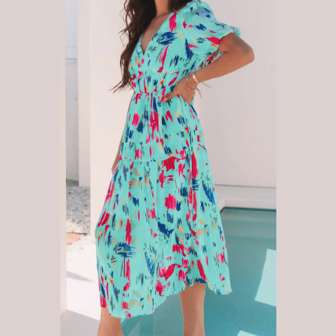 Courtnie Sky Blue Abstract Print Short Puff Sleeve Tiered Maxi Dress