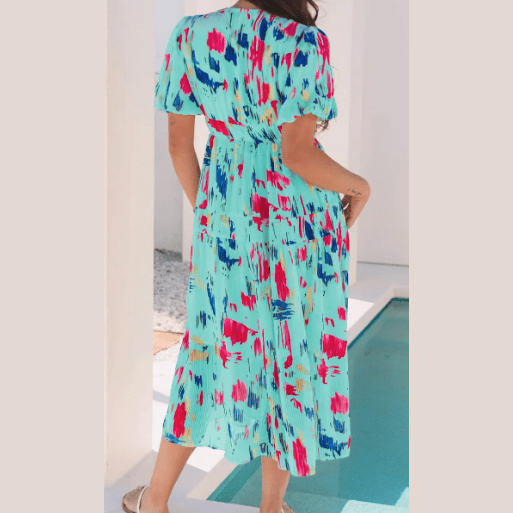 Courtnie Sky Blue Abstract Print Short Puff Sleeve Tiered Maxi Dress