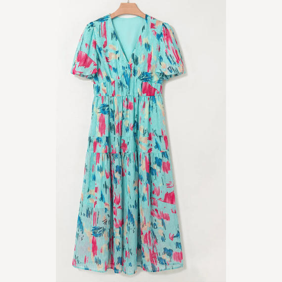 Courtnie Sky Blue Abstract Print Short Puff Sleeve Tiered Maxi Dress