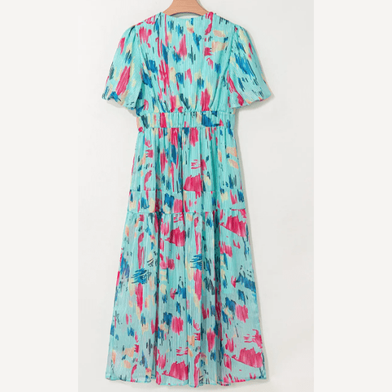 Courtnie Sky Blue Abstract Print Short Puff Sleeve Tiered Maxi Dress