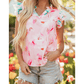 Laquitta Floral Patchwork Notched Neck Flutter Sleeve Blouse