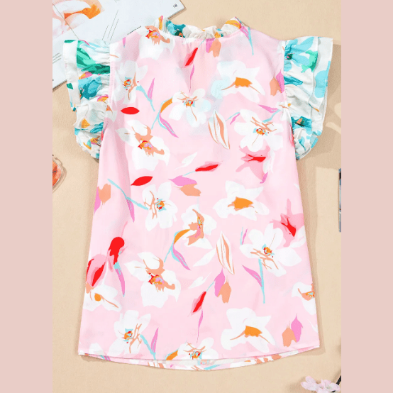 Laquitta Floral Patchwork Notched Neck Flutter Sleeve Blouse