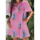 Carlette Pink Floral Short Sleeve Split Neck Loose Mini Dress