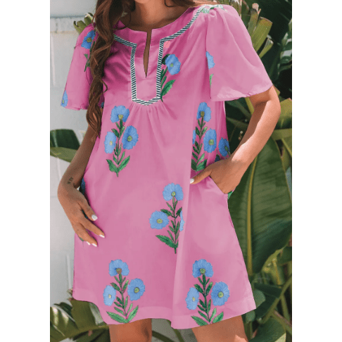 Carlette Pink Floral Short Sleeve Split Neck Loose Mini Dress