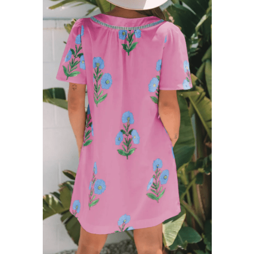 Carlette Pink Floral Short Sleeve Split Neck Loose Mini Dress