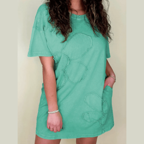 Buffy Mint Green Mineral Wash Flower Patchwork Mini T Shirt Dress