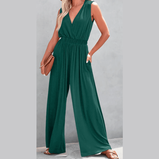Rory Green Deep V Pleated Crisscross Wide Leg Backless Jumpsuit