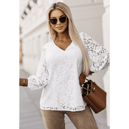 Jess White Floral Lace Crochet Loose Fit V Neck Top