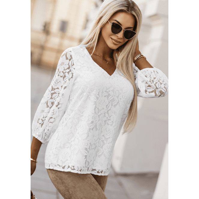 Jess White Floral Lace Crochet Loose Fit V Neck Top