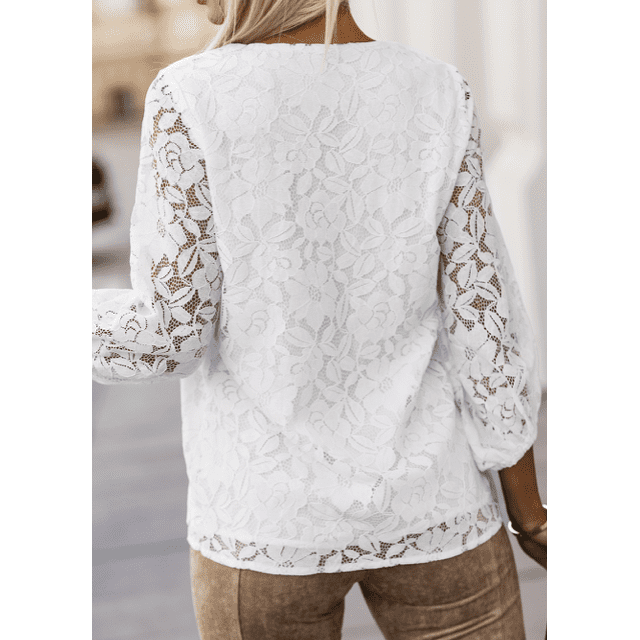 Jess White Floral Lace Crochet Loose Fit V Neck Top