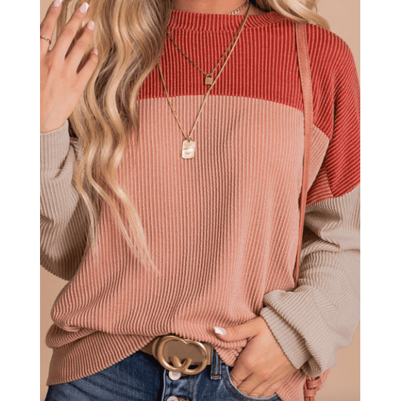 Joey Red Color Block Long Sleeve Ribbed Loose Top