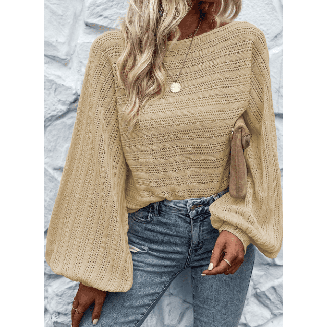 Darlene Lantern Sleeve Eyelet Textured Knit Sweater