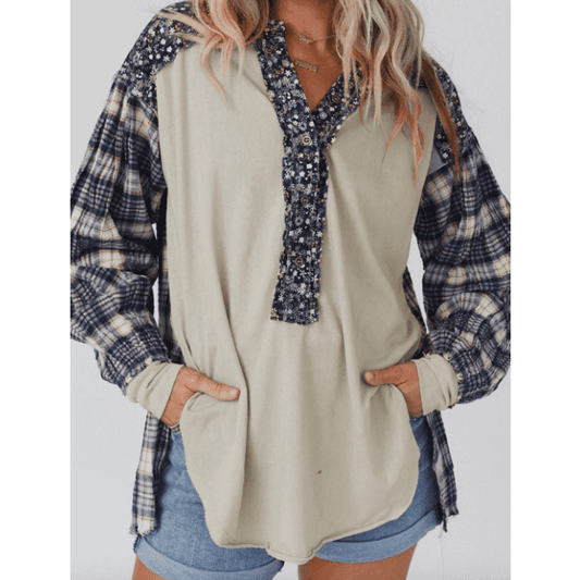 RTS Coco Blue Floral Plaid Mixed Print Bishop Sleeve Patchwork Top