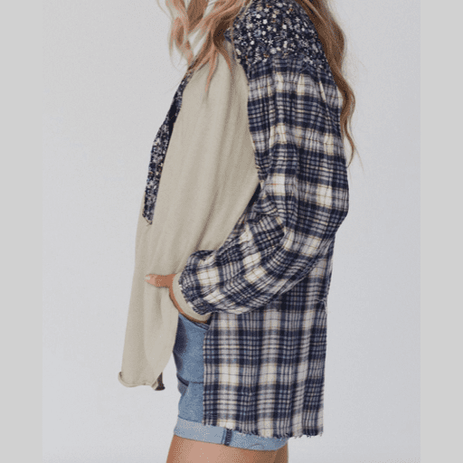 RTS Coco Blue Floral Plaid Mixed Print Bishop Sleeve Patchwork Top