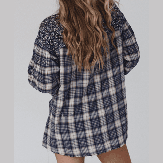 RTS Coco Blue Floral Plaid Mixed Print Bishop Sleeve Patchwork Top