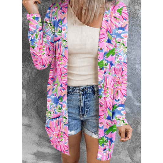 Tasnia Floral Open-Front Button Up Cardigan