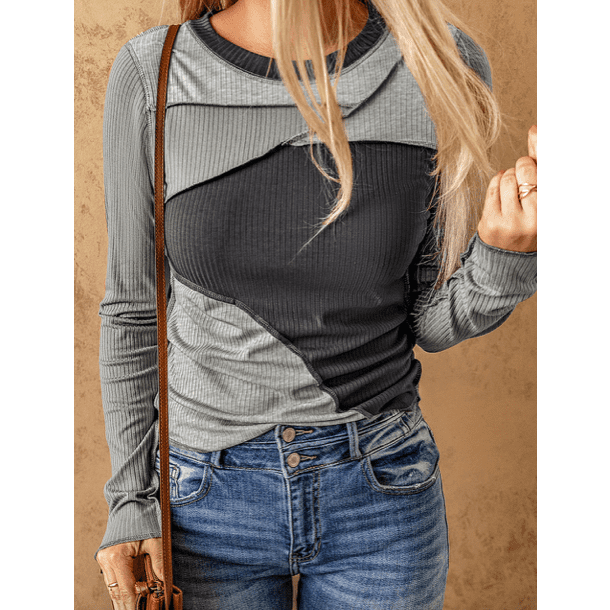 Chelsi Grey Exposed Seam Color Block Ribbed Knit Top