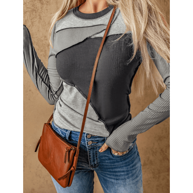 Chelsi Grey Exposed Seam Color Block Ribbed Knit Top