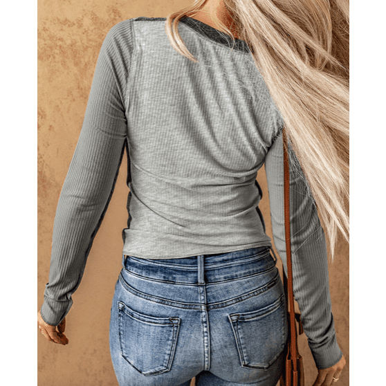 Chelsi Grey Exposed Seam Color Block Ribbed Knit Top