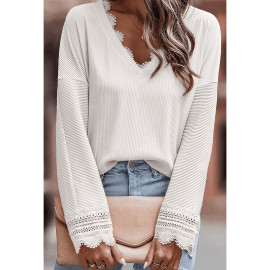 Teddie White Ribbed Texture Lace Trim V Neck Top