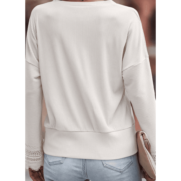 Teddie White Ribbed Texture Lace Trim V Neck Top