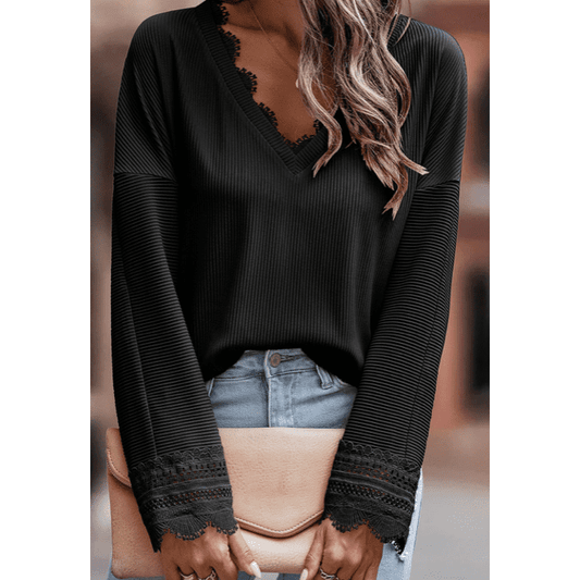 Teddie Black Ribbed Texture Lace Trim V Neck Top