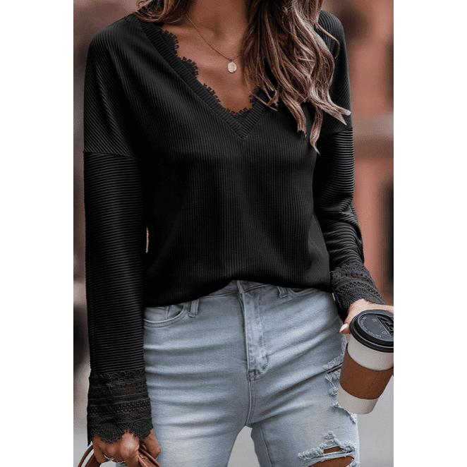 Teddie Black Ribbed Texture Lace Trim V Neck Top