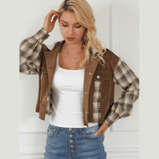 Andrina Brown Plaid Patchwork Distressed Hooded Cropped Jacket