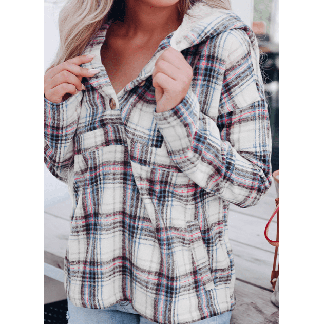 Loreen White Plaid Button Neck Pocketed Pullover Hoodie