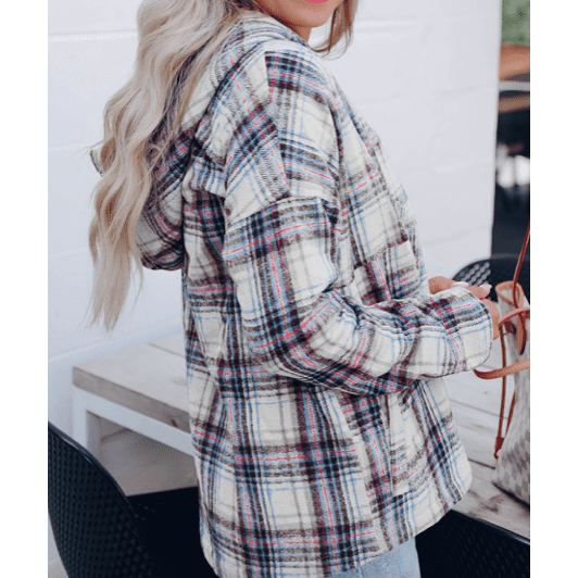 Loreen White Plaid Button Neck Pocketed Pullover Hoodie