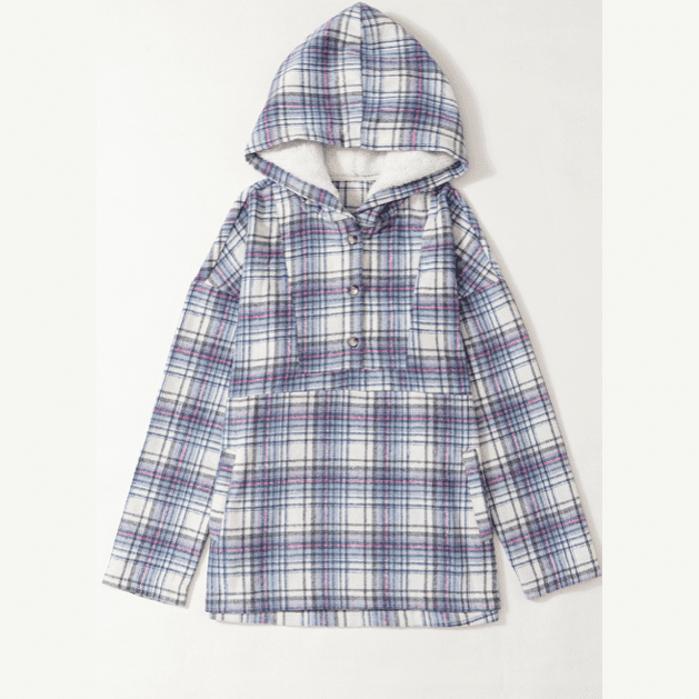 Loreen White Plaid Button Neck Pocketed Pullover Hoodie