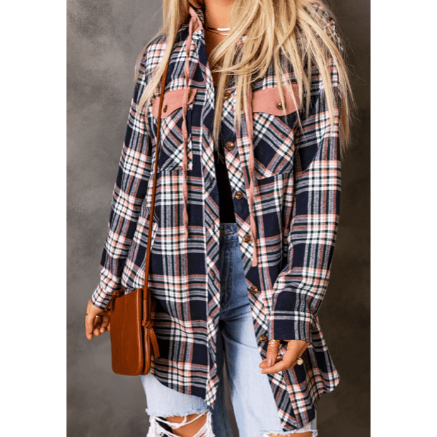 Opaline Pink Contrast Hooded Drawstring Plaid Shacket