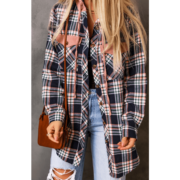 Opaline Pink Contrast Hooded Drawstring Plaid Shacket