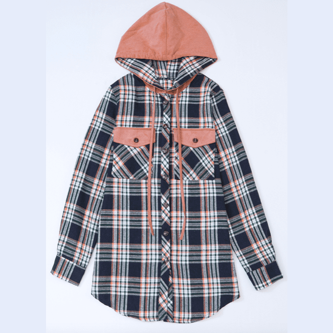 Opaline Pink Contrast Hooded Drawstring Plaid Shacket