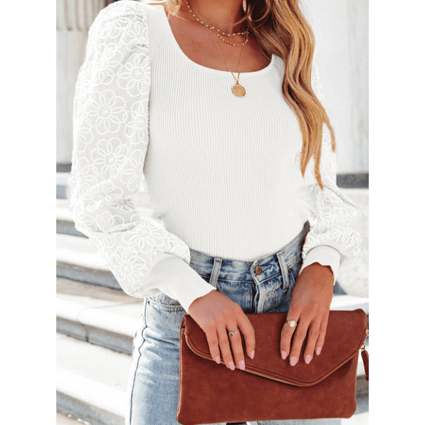 Hollis White Flower Puff Sleeve Ribbed Knit Top