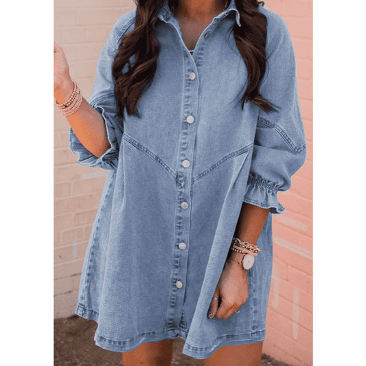 Keesha Sky Blue Buttoned Long Sleeve Denim Mini Dress