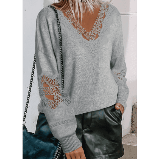 Teresita Grey Hollowed Lace V Neck Loose Sweater