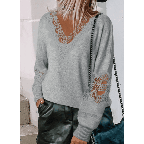 Teresita Grey Hollowed Lace V Neck Loose Sweater