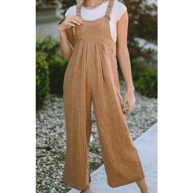 Mallorie Brown Striped Pleated Wide Leg Pocketed Jumpsuit