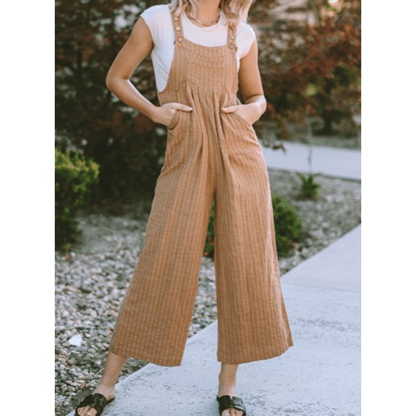 Mallorie Brown Striped Pleated Wide Leg Pocketed Jumpsuit