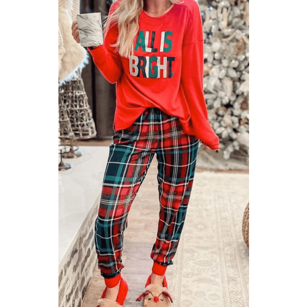 Multicolor ALL IS BRIGHT Graphic Christmas Plaid Pajamas Set