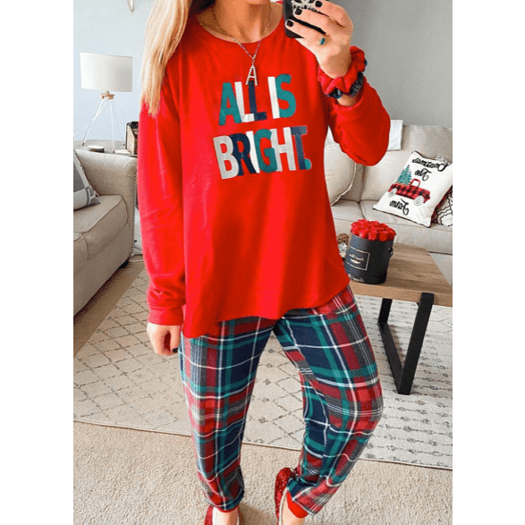 Multicolor ALL IS BRIGHT Graphic Christmas Plaid Pajamas Set