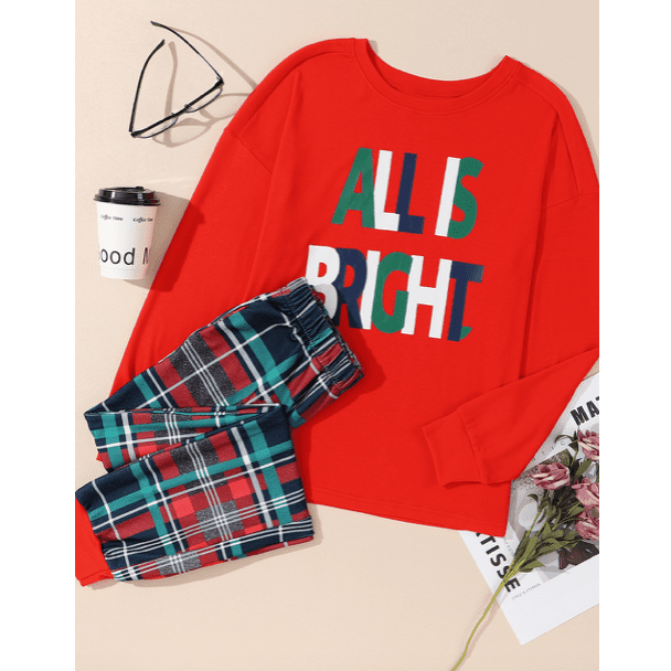 Multicolor ALL IS BRIGHT Graphic Christmas Plaid Pajamas Set