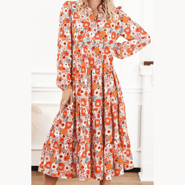 Cynthia Orange Multicolor Boho Floral Collared Long Sleeve Ruffled Dress