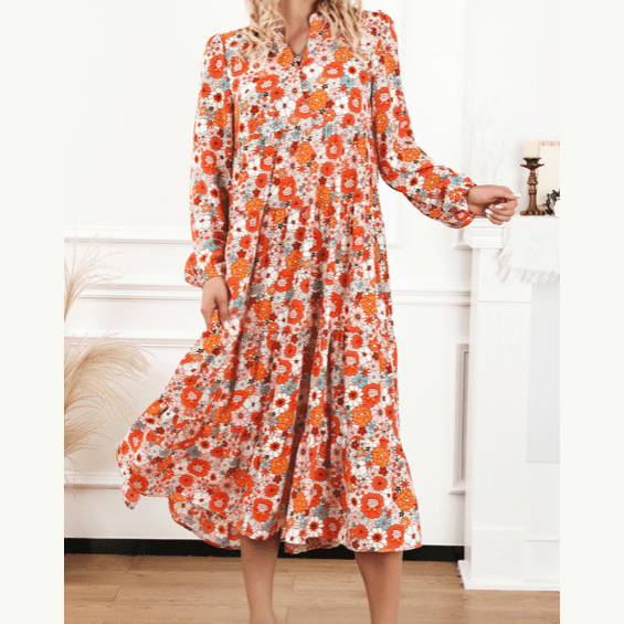 Cynthia Orange Multicolor Boho Floral Collared Long Sleeve Ruffled Dress