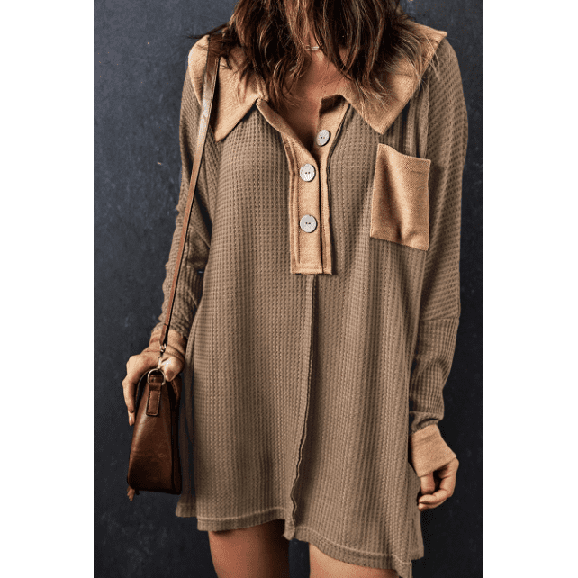 Vernee Brown Waffle Knit Buttoned Long Sleeve Top