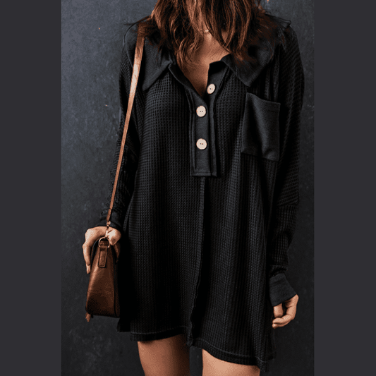 Vernee Black Waffle Knit Buttoned Long Sleeve Top