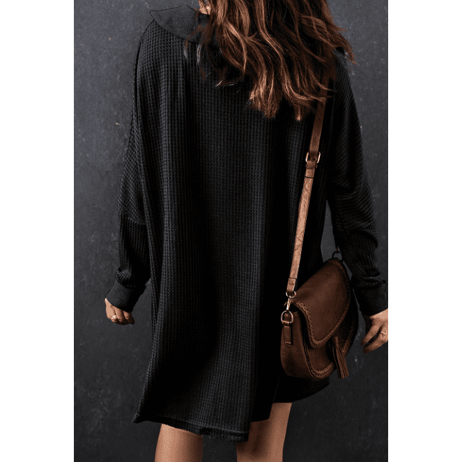 Vernee Black Waffle Knit Buttoned Long Sleeve Top