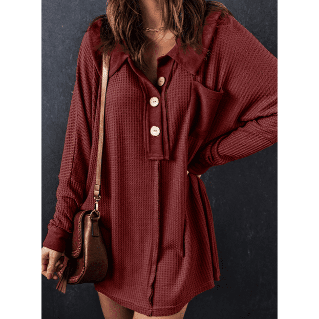 Vernee Red Waffle Knit Buttoned Long Sleeve Top